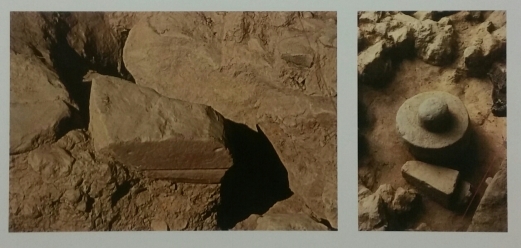 Due immagini dal santuario: il deposito votivo della fenditura e un altro deposito, con un elemento architettonico deposto capovolto