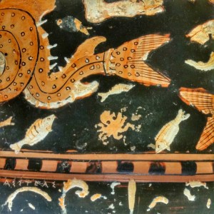 dettaglio del cratere di Assteas col mare pieno di pesci e di... polpi