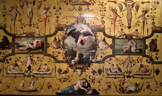 Alessandro Allori, spalliera di letto con gli amori di Giove, 1572